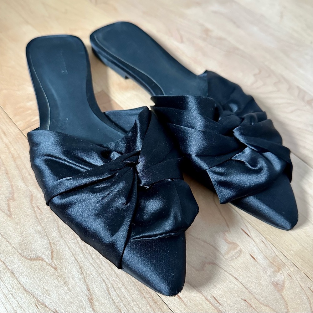 Black Satin Bow Flats